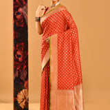 Red With Gold Zari Butti And Green Border Banarasi Silk Saree