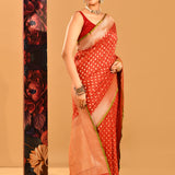 Red With Gold Zari Butti And Green Border Banarasi Silk Saree