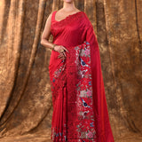 Classic Red Embroidered Satin Silk Saree
