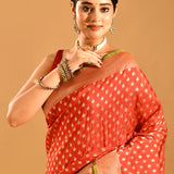 Red With Gold Zari Butti And Green Border Banarasi Silk Saree