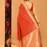 Red With Gold Zari Butti And Green Border Banarasi Silk Saree