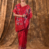 Classic Red Embroidered Satin Silk Saree