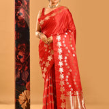 Crimson Red With Lotus Border In Banarasi Silk Saree