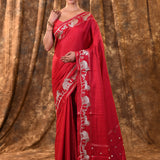 Rich Pink Embroidered Tussar Silk Saree