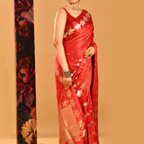 Crimson Red With Lotus Border In Banarasi Silk Saree