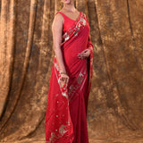 Rich Pink Embroidered Tussar Silk Saree