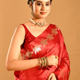 Crimson Red With Lotus Border In Banarasi Silk Saree