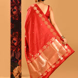 Crimson Red With Lotus Border In Banarasi Silk Saree