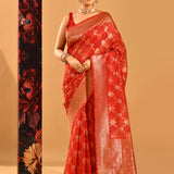 Deep Red With White Motif & Gold Zari Border And Pallu Banarasi Silk Saree