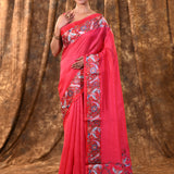 Bright Pink Embroidered Tussar Saree