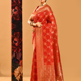 Deep Red With White Motif & Gold Zari Border And Pallu Banarasi Silk Saree