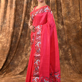 Bright Pink Embroidered Tussar Saree