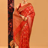 Deep Red With White Motif & Gold Zari Border And Pallu Banarasi Silk Saree