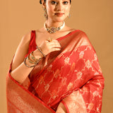Deep Red With White Motif & Gold Zari Border And Pallu Banarasi Silk Saree