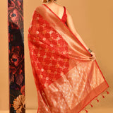 Deep Red With White Motif & Gold Zari Border And Pallu Banarasi Silk Saree