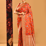 Rust Orange Floral Meenakari Jaal Banarasi Silk Saree
