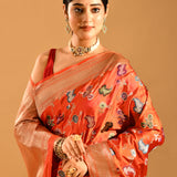 Rust Orange Floral Meenakari Jaal Banarasi Silk Saree