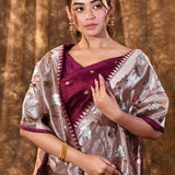 Dark Purple Butti Embroidered Silk Saree