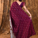 Dark Purple Butti Embroidered Silk Saree