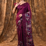 Berry Purple Embroidered Satin Silk Saree