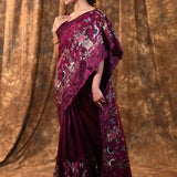 Berry Purple Embroidered Satin Silk Saree