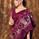 Berry Purple Embroidered Satin Silk Saree