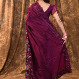 Berry Purple Embroidered Satin Silk Saree