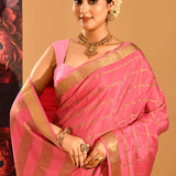 Blush Pink Mysore Crape Saree In Gold Zari Checks