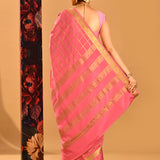 Blush Pink Mysore Crape Saree In Gold Zari Checks