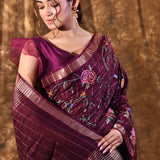 Plum Purple Floral Silk Blend Saree