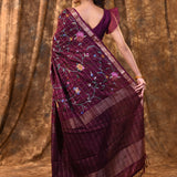 Plum Purple Floral Silk Blend Saree