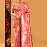 Bright Pink With Gold Floral And Gold Zari Border Banarasi Silk Saree