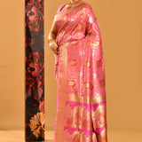 Bright Pink With Gold Floral And Gold Zari Border Banarasi Silk Saree