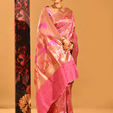 Bright Pink With Gold Floral And Gold Zari Border Banarasi Silk Saree