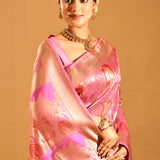 Bright Pink With Gold Floral And Gold Zari Border Banarasi Silk Saree