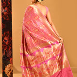 Bright Pink With Gold Floral And Gold Zari Border Banarasi Silk Saree