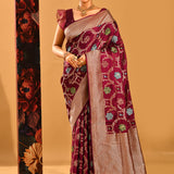 Rich Burgundy Floral Vine Banarasi Silk Saree