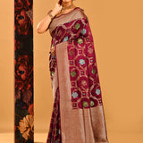 Rich Burgundy Floral Vine Banarasi Silk Saree