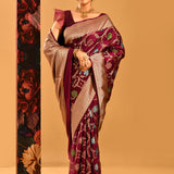 Rich Burgundy Floral Vine Banarasi Silk Saree