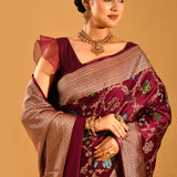 Rich Burgundy Floral Vine Banarasi Silk Saree