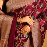 Rich Burgundy Floral Vine Banarasi Silk Saree