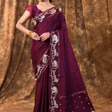 Classic Purple Embroidered Tussar Silk Saree