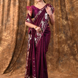 Classic Purple Embroidered Tussar Silk Saree
