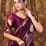 Classic Purple Embroidered Tussar Silk Saree