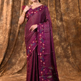 Dark Magenta Purple Embroidered Tussar Silk Saree