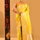 Vibrant Yellow With Gold Butti & Gold Zari Border In Banarasi Silk Saree