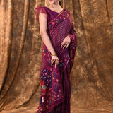 Dark Magenta Purple Embroidered Tussar Silk Saree