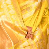 Vibrant Yellow With Gold Butti & Gold Zari Border In Banarasi Silk Saree