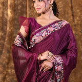 Classic Purple Embroidered Silk Blend Saree