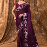 Dark Purple Embroidered Tussar Silk Saree